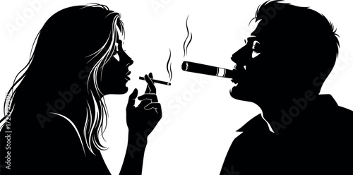 Silhouette illustration of two people smoking cigarette and cigar with rising smoke, black and white vector lifestyle concept art