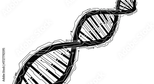 Intricate black and white illustration of a DNA helix, symbolizing science and biology