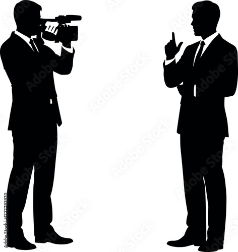 Silhouette of Cameraman Filming Businessman in Suit Giving Speech – Media Interview, Journalism, Communication, News Report, Professional Scene
