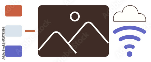 Abstract graphic featuring categorized data blocks, a landscape photo frame, cloud storage, and wireless signal. Ideal for technology, cloud storage, photography, wireless connectivity, digital data