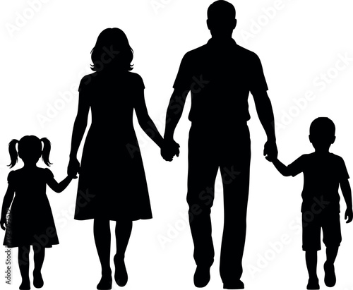 Silhouette of Happy Family Holding Hands Together Representing Unity, Love, Bonding, Parenthood, Children, Lifestyle, Togetherness, Support, and Connection