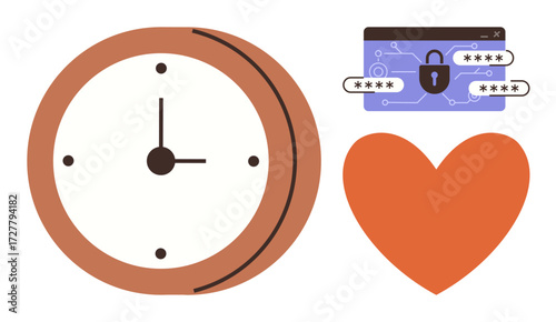 Analog clock, orange heart, password field with lock symbol. Ideal for security, time efficiency, productivity, emotional care, wellness digital privacy lifestyle metaphors. Simple flat metaphor