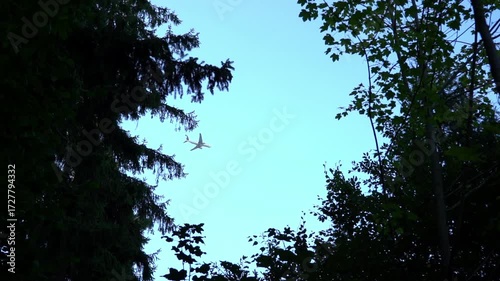 Airplane flying low between trees in dramatic scene. Dynamic aviation video symbolizing speed, adrenaline, risk, freedom and contrast between technology and natural environment.