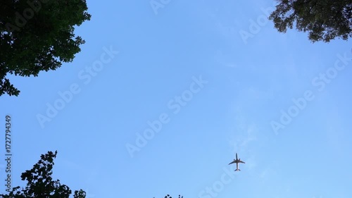 Airplane flying low between trees in dramatic scene. Dynamic aviation video symbolizing speed, adrenaline, risk, freedom and contrast between technology and natural environment.