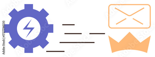 Gear with lightning bolt representing automation connects to an envelope and crown. Ideal for productivity, workflow, email marketing, communication, digital tools, efficiency, business, simple flat