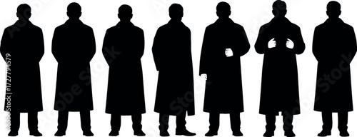 Silhouettes of men in long coats standing in various poses, ideal for character design, animation, fashion, and psychological concepts.