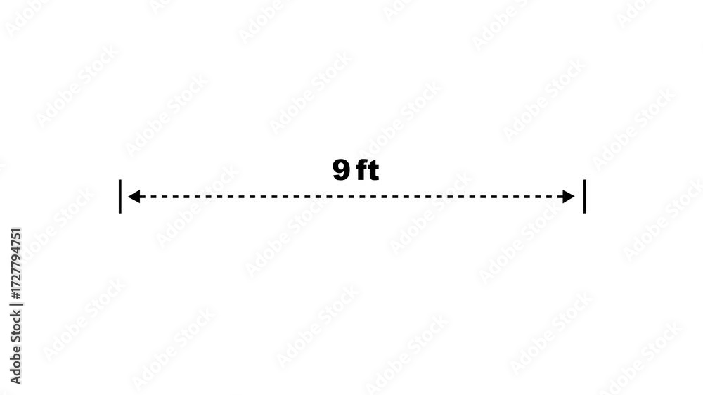 A dotted line representing a 9 ft measurement for design and layout ...