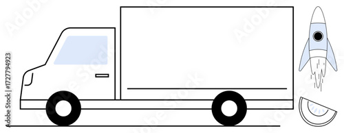 Rocket taking off next to a cargo truck emphasizing innovation, technology, delivery speed, and progress. Ideal for logistics, transportation, future tech, startups, innovation supply chains simple