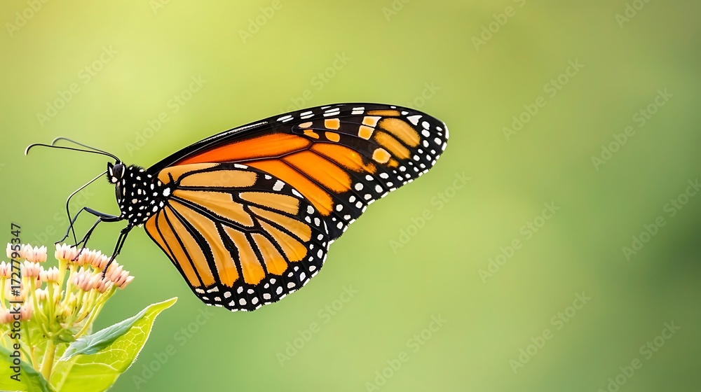 Fototapeta premium A monarch butterfly rests on a delicate flower with soft green bokeh background