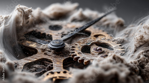 Intricate clockwork gears and hands emerge from a hazy, ethereal dust and smoke, symbolizing the relentless march of time, forgotten moments, and the beauty of aged mechanisms