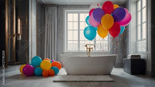 Title: Modern minimalist bathroom with colorful balloons floating above a white bathtub
