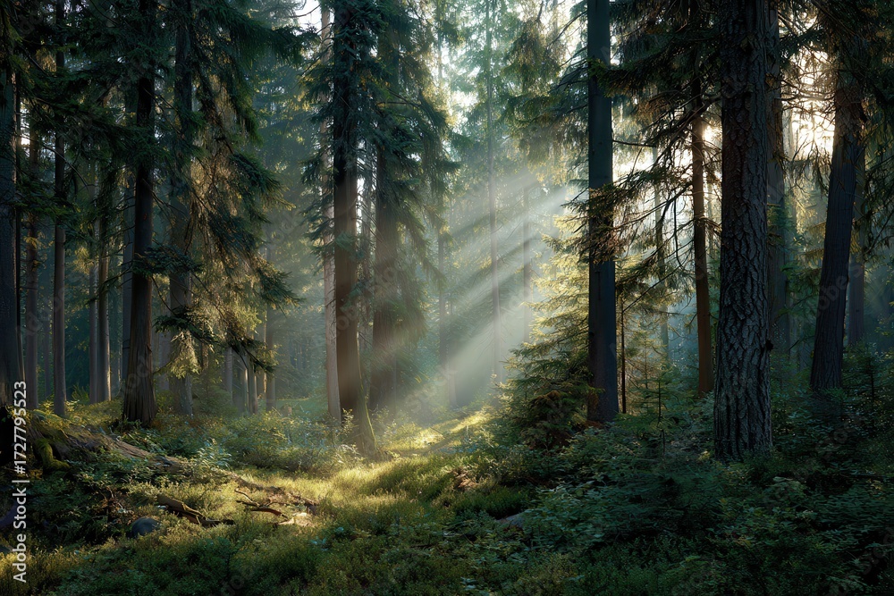 Fototapeta premium Sunlight filters through a lush forest creating a magical atmosphere with a fairy dancing among the trees at dawn