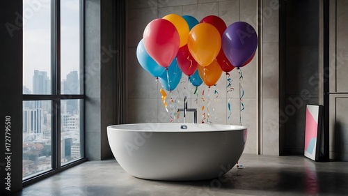 Title: Modern minimalist bathroom with colorful balloons floating above a white bathtub
