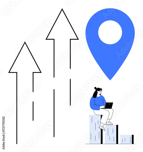 Woman sitting on graph bars with laptop, blue location pin, and rising arrows emphasize growth, strategy, digital connectivity, innovation, remote work, achievements and progress. Perfect for simple