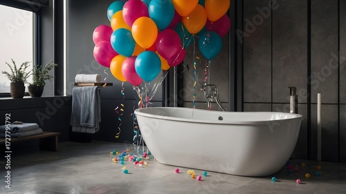 Title: Modern minimalist bathroom with colorful balloons floating above a white bathtub
