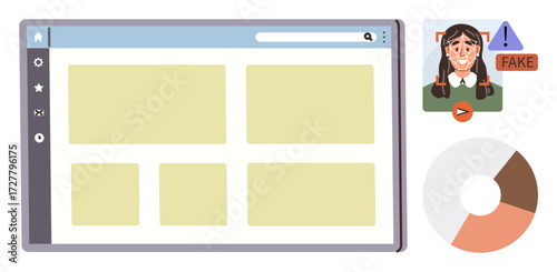 Web browser interface with content layout, fake news alert beside user profile, and pie chart for data analysis. Ideal for media literacy, online safety, news platforms, educational guides, data