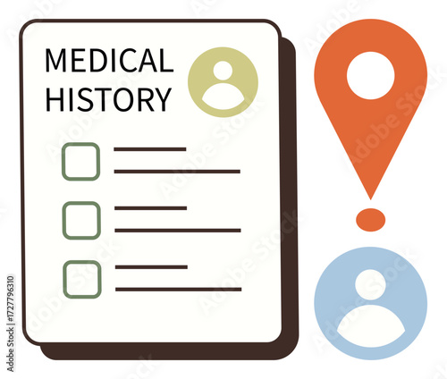 Medical history checklist with green checkboxes, patient profile icons, and orange location marker. Ideal for healthcare, diagnostics, records, patient tracking, data organization, telemedicine