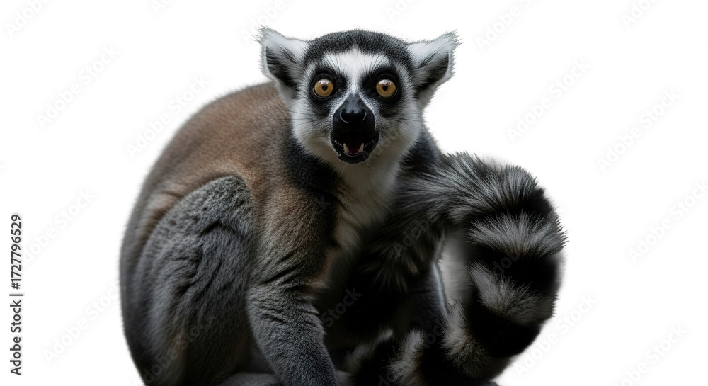 Obraz premium Ring-tailed lemur with striking eyes and fur sits against a dark background.
