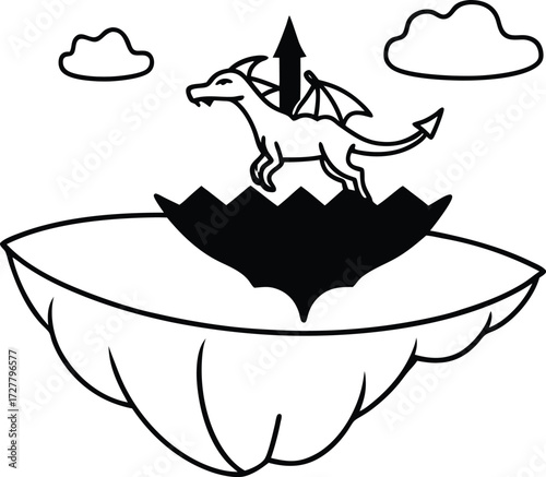 fantasy dragon flying around floating islands illustration on transparent background