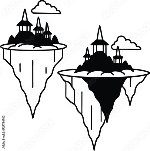 fantasy floating islands with waterfalls illustration on transparent background