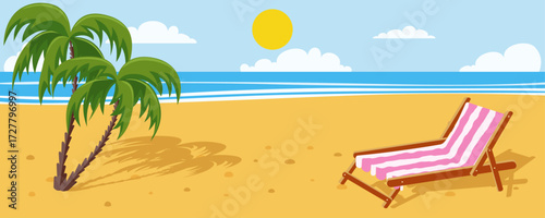 Tropical beach scene with palm trees, beach chair, golden sand, blue ocean waves, sunny sky with clouds, perfect summer vacation paradise. Vector Illustration