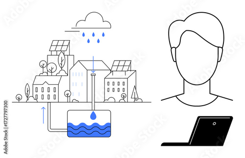 Urban buildings with solar panels collecting rainwater into a storage system. Individual monitoring data on device. Ideal for sustainability, water conservation, eco-living, smart technology, green