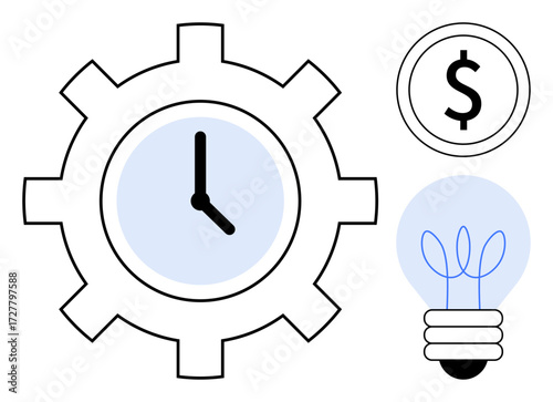 Gear with clock face, dollar coin, and light bulb outline combine to signify productivity, efficiency, financial planning, innovation, strategy, goal setting, and creative thinking in simple flat