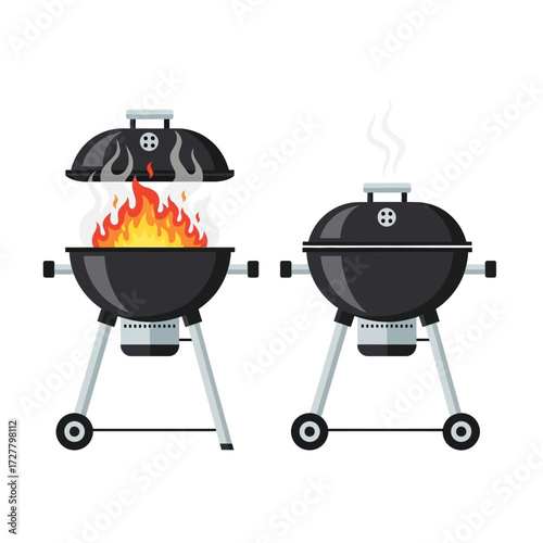 A black kettle grill with an open lid and rising smoke illustration