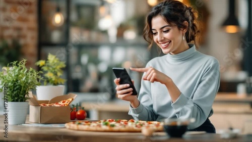 Woman Enjoying Pizza and Using Smartphone.