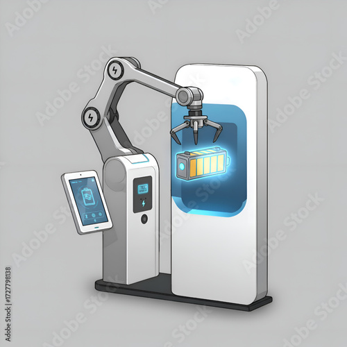 Robot Charging Battery in Flat Style