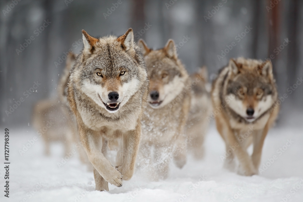 Fototapeta premium A pack of wolves running through snowy forest