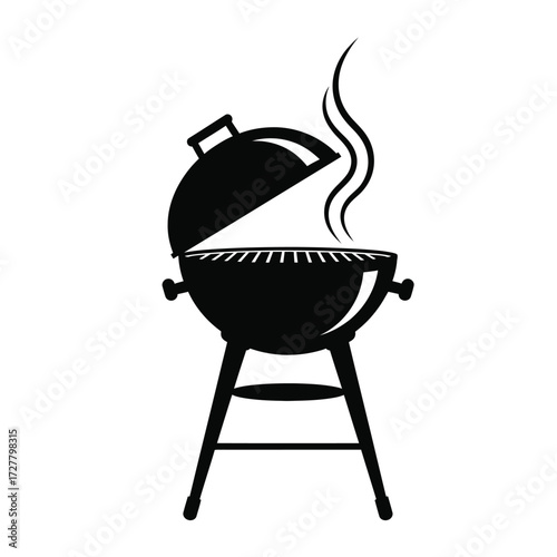 A black and white illustration of a kettle grill with rising smoke
