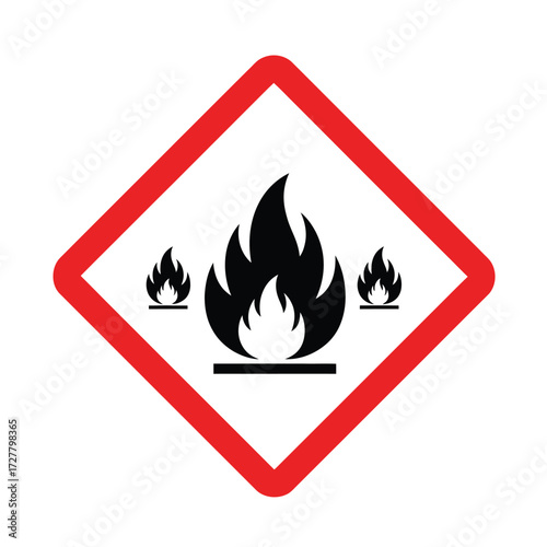 Flammable substance warning sign with a red diamond and black flames