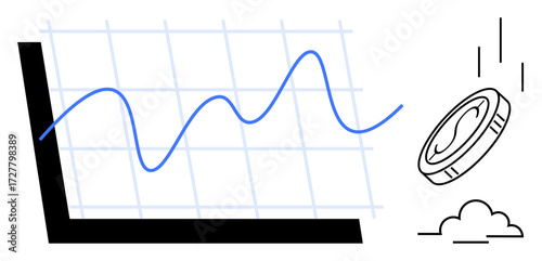 Line graph with fluctuating data trends next to a coin falling towards clouds. Ideal for finance, economy, business growth, risk, market analysis, investment, decision-making. Simple flat metaphor