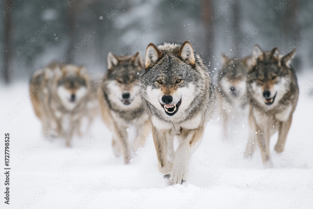 Fototapeta premium Winter wolves running in snow