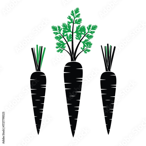 A simple illustration depicting three dark carrots and fresh parsley sprigs