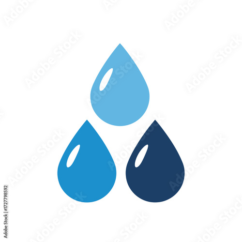 Three water droplets in varying shades of blue a simple graphic
