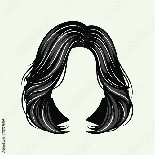Stylized black hairpiece illustration with layered flowing strands and a sleek shape