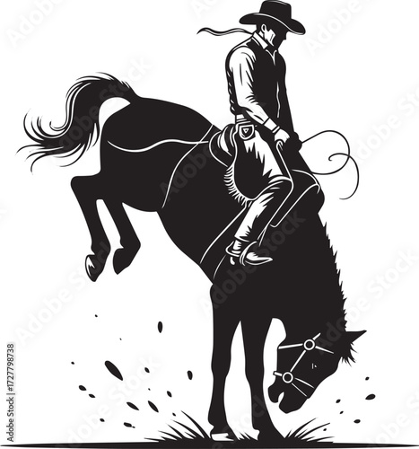Rodeo Cowboy on Bucking Horse, Black Silhouette Illustration Capturing Bronc Riding Action and Western Spirit