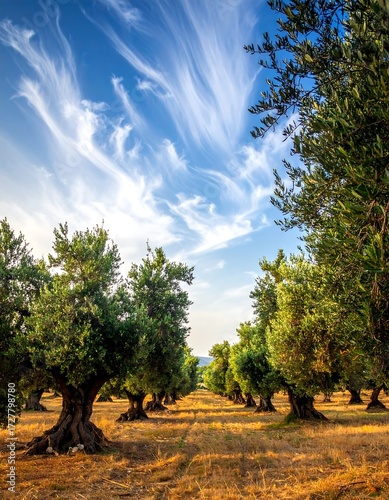 Lush olive grove under a vibrant sky