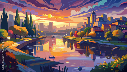 An impressionist style of painting illustrates the landscape of the city river in the evening, blending light, shadows, expressive colors, and artistic brushstrokes that create dreamy atmosphere of re