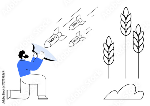 Person with shield defending crops against incoming labeled DDoS attacks. Ideal for cybersecurity, agriculture, digital threats, farming protection, technology defense, data security, simple flat