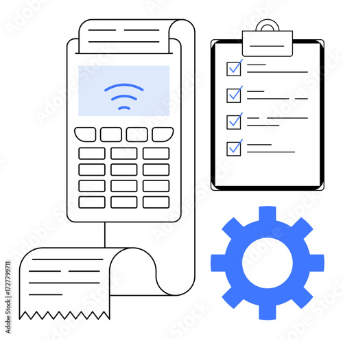 Digital payment terminal with receipt printout, a completed checklist on clipboard, and a gear. Ideal for payment systems, automation, e-commerce, organization, financial management, workflow simple