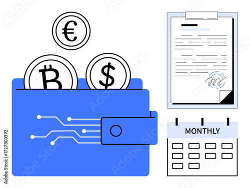 Digital wallet holding Bitcoin, smart contract, and Dollar coins, document with a signature, and a monthly calendar. Ideal for finance, cryptocurrency, digital payments, accounting savings