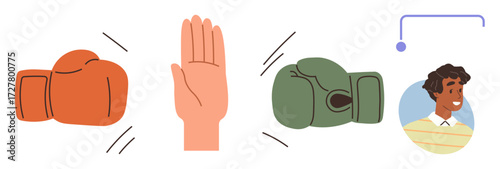 Boxing gloves face a hand gesture stopping conflict beside a smiling person, symbolizing resolution, peace, and empathy. Ideal for team dynamics, negotiation, leadership, communication, emotional