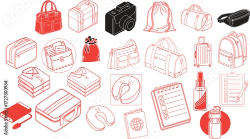 Collection of Travel Accessories and Luggage in Isometric Outline Style suitcase backpack