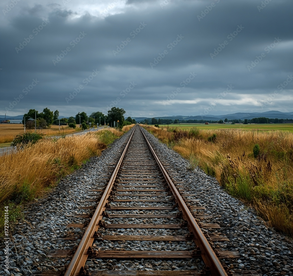 Fototapeta premium Railroad tracks stretching into a vast landscape under a stormy sky