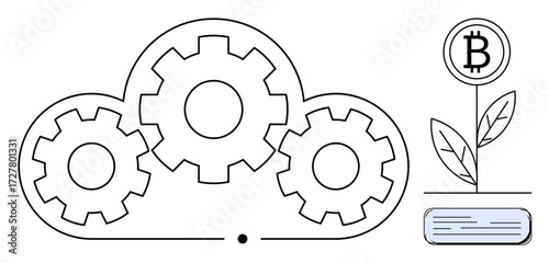 Black and white cloud with gears symbolizing technology and growth, alongside a plant sprouting Bitcoin. Ideal for cryptocurrency, technology, ecology, digital innovation, blockchain, fintech