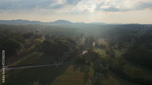 Aerial moody morning over countryside in North Georgia Mountains