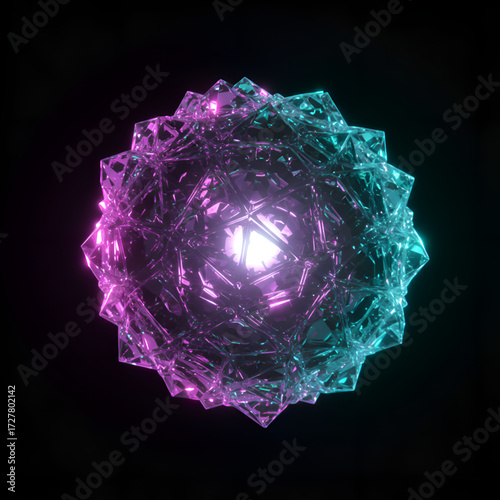 Crystal sphere transparent object displays light with polygon texture in a black background as a with alpha.